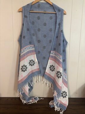 Nare Moda Boho Floral Fringe Open Front Vest Dusty Blue and Pink Festival OS
